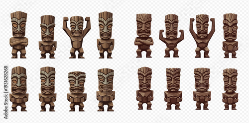 Set of ancient wooden Tiki statues, tribal Polynesian idols with different expressions and poses, isolated on white background.