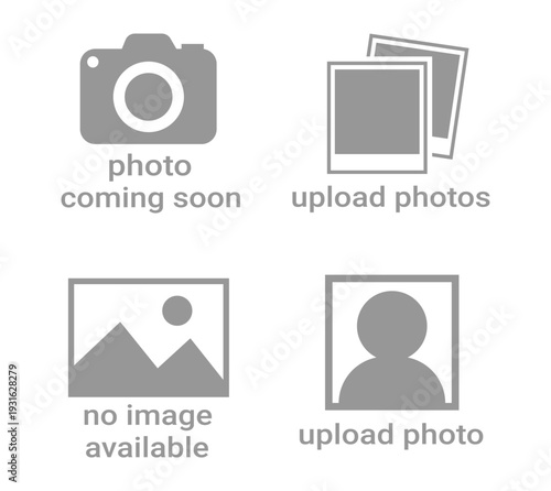 No image available icon set collection of photo coming soon placeholders including camera symbol polaroid frames landscape silhouette and user profile avatar for websites and applications.