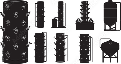 Industrial Silhouettes of Various Brewery Equipment and Tanks