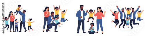 Happy families celebrating togetherness in various poses