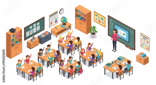 isometric classroom with students and teacher learning