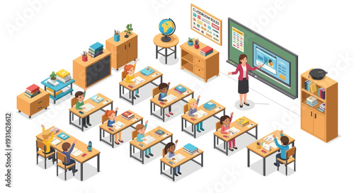 classroom with students and teacher, school education concept