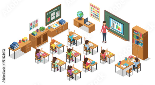 Isometric classroom with students and teacher, education concept