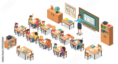 teacher and students in classroom with desks and blackboard