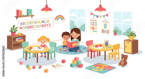 playroom with kids and teacher reading book