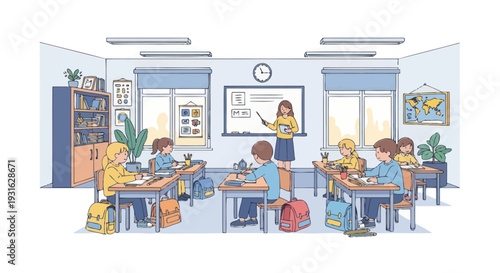 kids in classroom with teacher writing on board