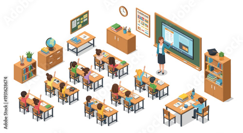 isometric classroom scene with teacher and students