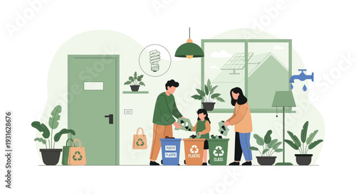 family sorting recyclables