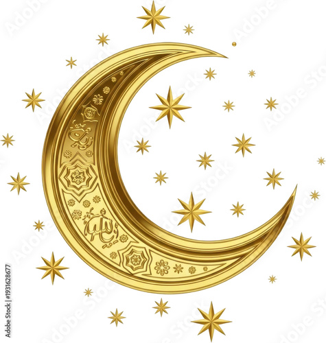 Decorative Golden Crescent Moon with Star Pattern