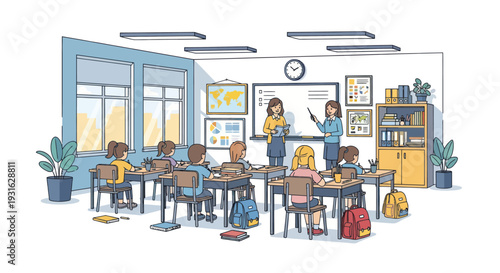 kids in classroom with teacher, school and education concept