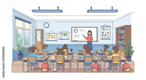 teacher writing on whiteboard in classroom with students