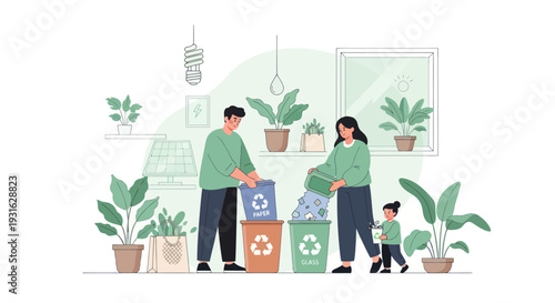 family recycling at home with plants