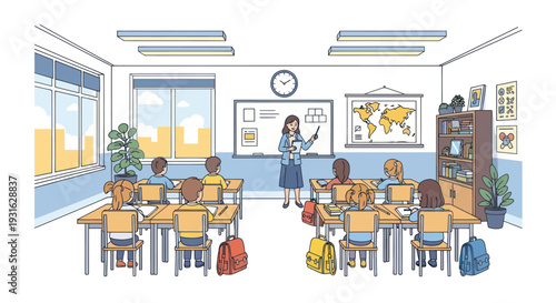 Classroom scene with teacher and students