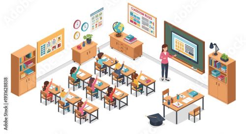 classroom with students and teacher, school education concept