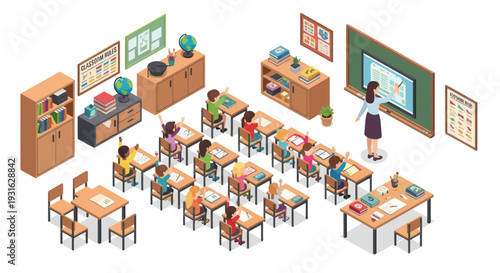 isometric classroom with students and teacher