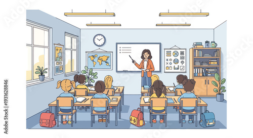 teacher writing on whiteboard in classroom with students