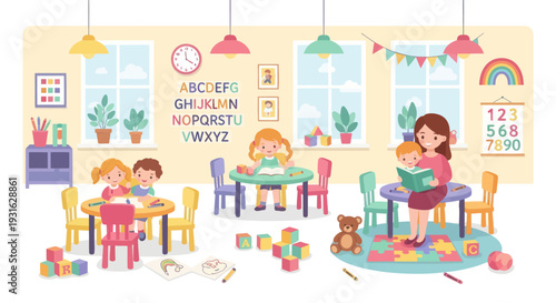 happy children playing in kindergarten classroom