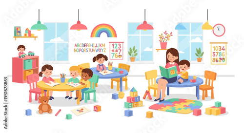 happy children playing blocks in classroom
