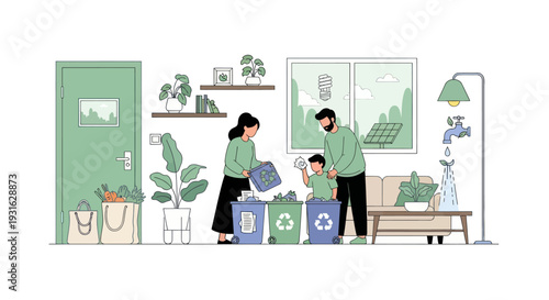 family sorting recyclables in living room