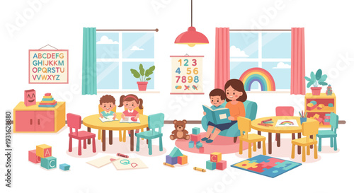 happy children playing in classroom with teacher