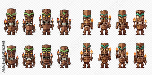 Set of various traditional Polynesian Tiki statues with torches, isolated on transparent background.