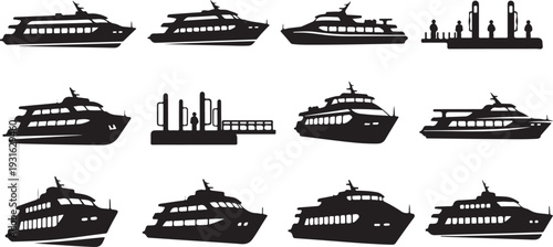 Collection of various cruise ship silhouettes and city skylines