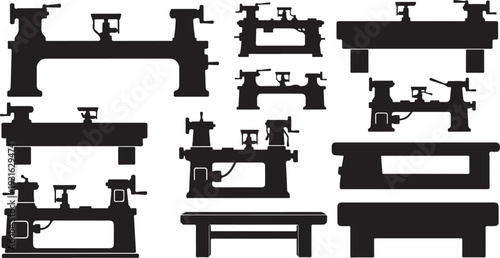 Various Black Silhouettes of Workbenches and Vises on White