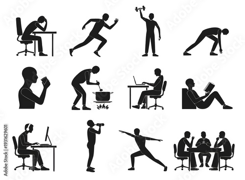 Set of Human Pictograms and Lifestyle Silhouettes Representing Daily Activities, Work, Fitness, and Wellness