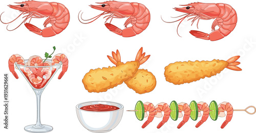 Shrimp and fried seafood set vector illustration with prawns tempura cocktail and skewer delicious appetizer collection