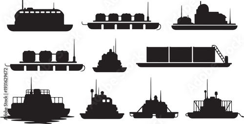 Collection of various cargo ships and tugboats silhouettes