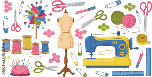 Sewing and tailoring tools vector illustration set with sewing machine mannequin scissors thread and needles craft supplies collection