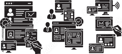 Digital communication and social media icons on screens