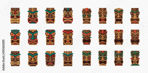Collection of traditional Polynesian tiki masks and totems with intricate carvings and vibrant colors.