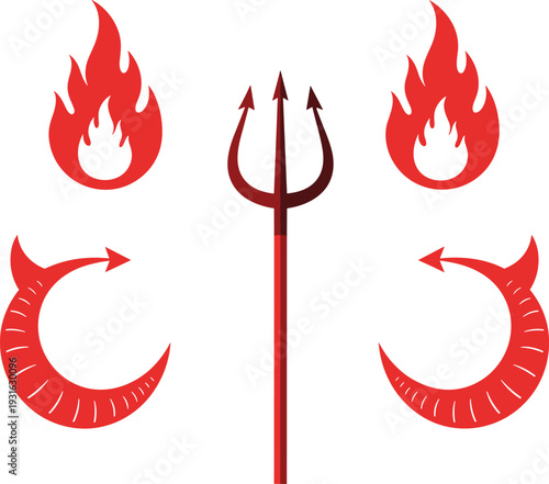 Red devil trident and flames vector illustration horn tail demon symbols halloween evil icon set isolated design