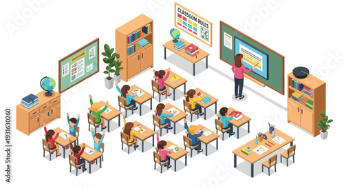 elementary school classroom with students and teacher