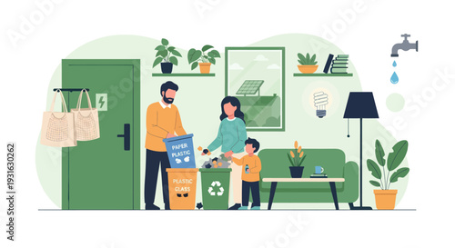 eco friendly family in living room recycling