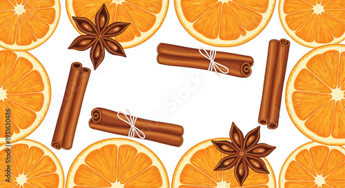 Orange slices cinnamon sticks and star anise seamless pattern vector illustration festive winter spice background design