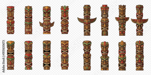Set of traditional wooden totem poles with intricate carvings and spiritual symbols.