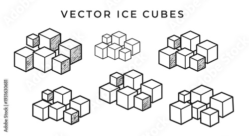 Vector illustration of ice cubes in various configurations and groupings.