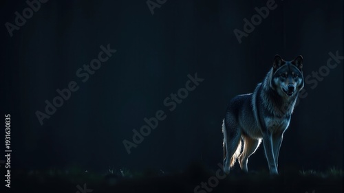 A majestic wolf stands in the dark nighttime forest illuminated by subtle light creating a dramatic and atmospheric silhouette