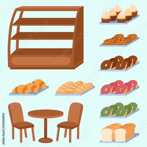 Various bakery equipment and several types of cakes.