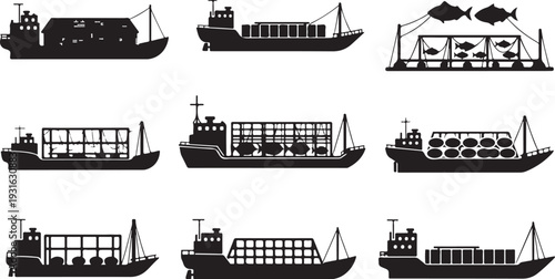 Collection of various cargo ship silhouettes on white background