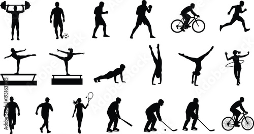 Sports and fitness silhouettes, diverse physical activities, weightlifting, soccer, boxing, cycling, running, gymnastics, tennis, hockey - flat vector illustration