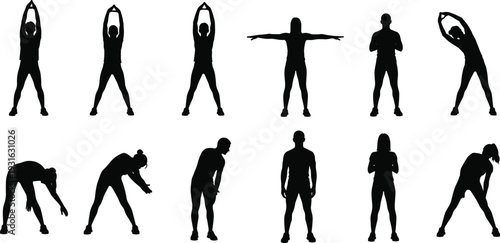 Stretching exercise silhouettes, warm-up and cool-down poses, fitness icons, wellness routine design set, physical education theme - flat vector illustration