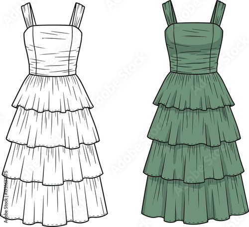 Tiered dress fashion illustration set, front and back views with layered ruffled skirt and square neckline apparel theme - flat vector illustration