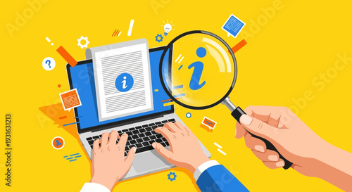 Hands holding magnifying glass over laptop with information icon on screen.