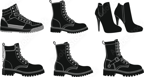 Boot and shoe silhouette illustration set, combat boots, sneakers and high-heeled footwear with stitching details fashion theme - flat vector illustration
