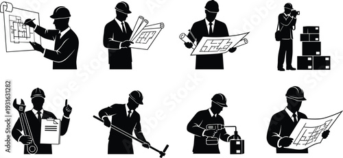 Construction worker silhouette illustration set, engineers and builders with tools, blueprints and hard hats representing diverse site activities theme - flat vector illustration