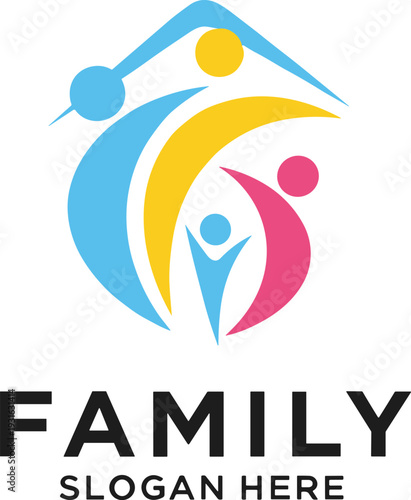 Family logo design, abstract human figures, unity and care symbol, colorful house shape, parenting and togetherness theme - flat vector illustration