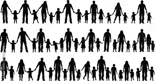 Family silhouette set, parents and children icons, diverse family compositions, unity and caregiving theme - flat vector illustration